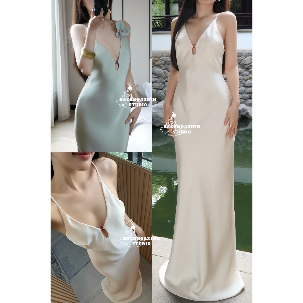 SẴN MÚT | Đầm lụa dạ hội 2 dây dài cổ V khoét ngực điểm NGỌC ĐỎ sang trọng