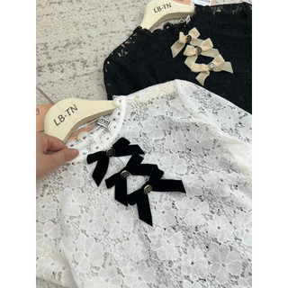 Áo sơ mi ren hoa dài tay kèm tag nơ min #83900