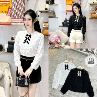 Áo sơ mi ren hoa dài tay kèm tag nơ min #83900