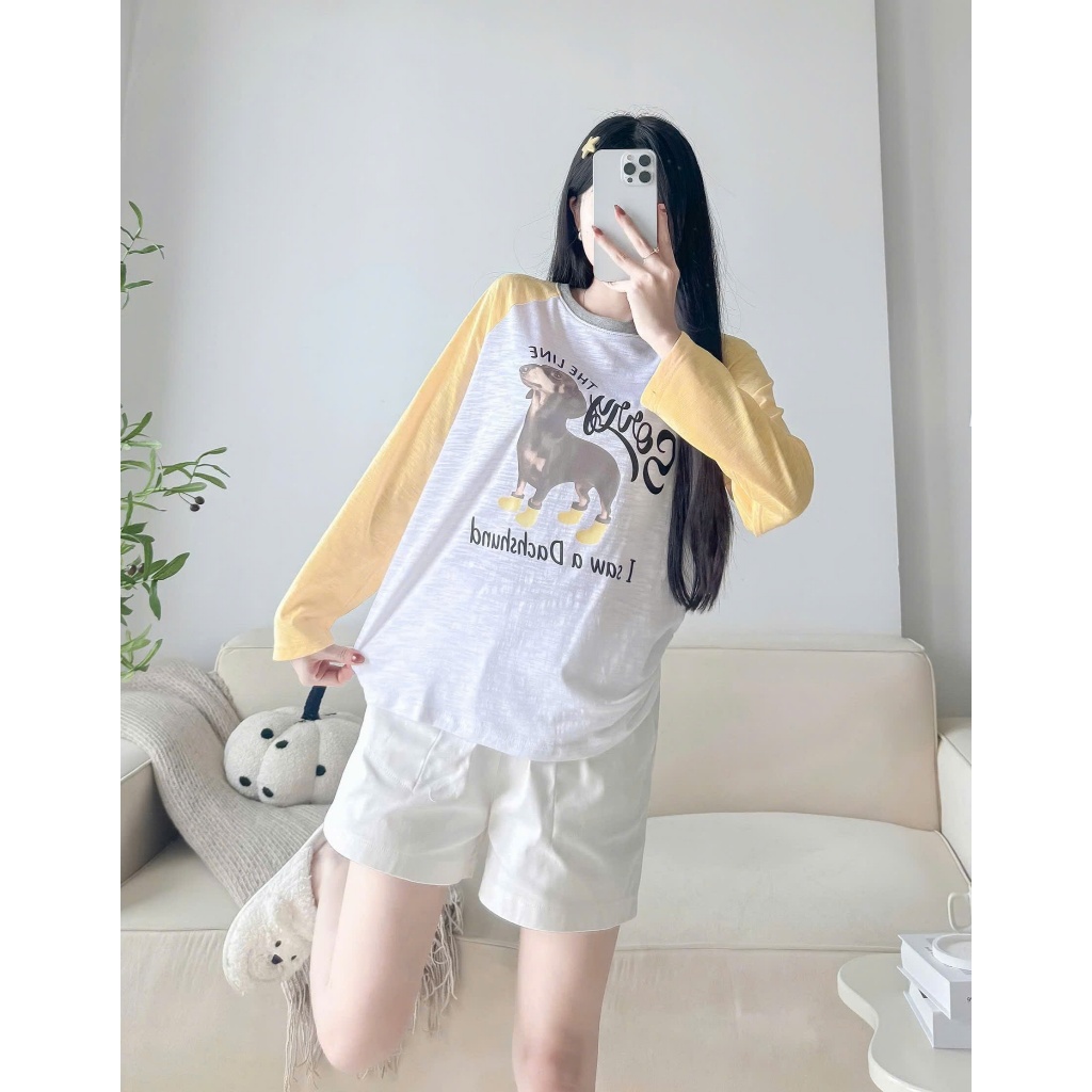 Sét bộ Thu Đông Áo dài tay và quần đùi trắng Linen in hình siêu xinh JULY FASHION, Sét bộ mặc đi chơi Chất thun xượt mềm