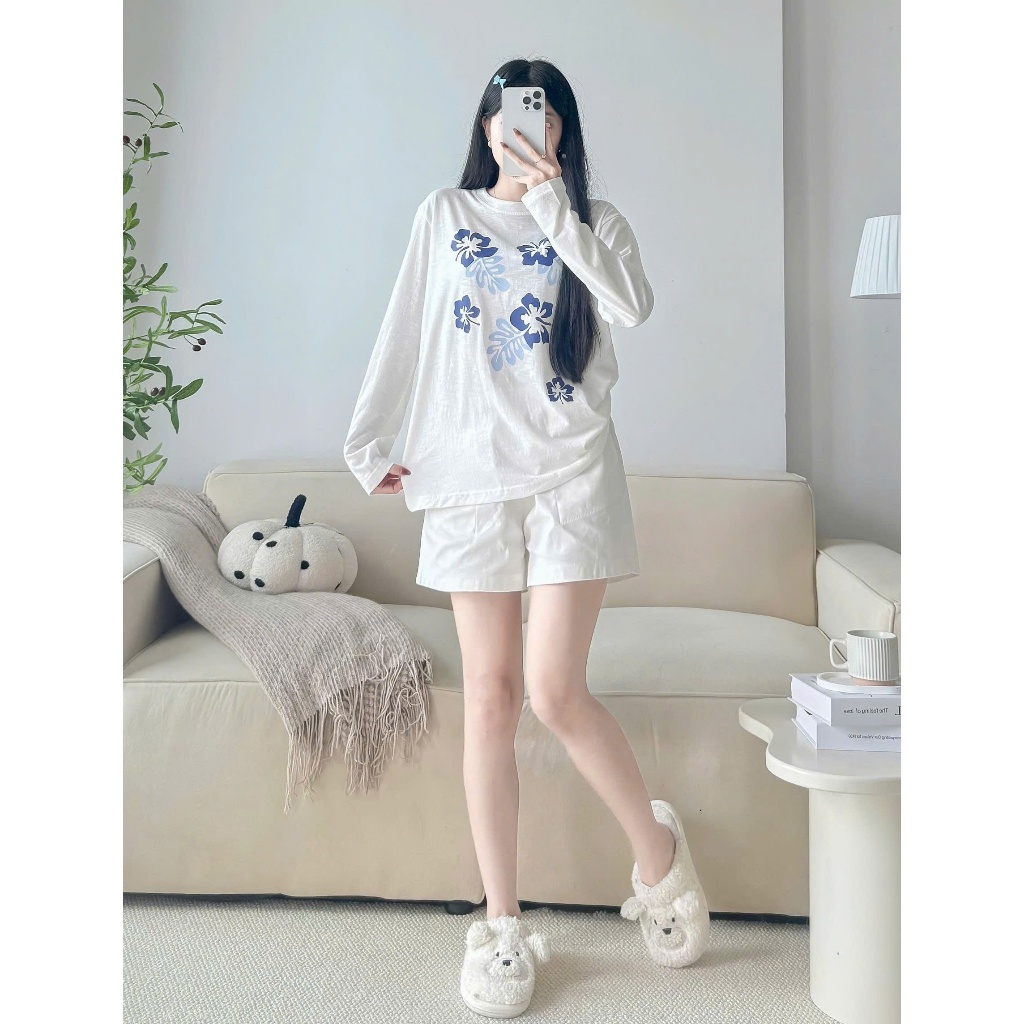 Sét bộ Thu Đông Áo dài tay và quần đùi trắng Linen in hình siêu xinh JULY FASHION, Sét bộ mặc đi chơi Chất thun xượt mềm