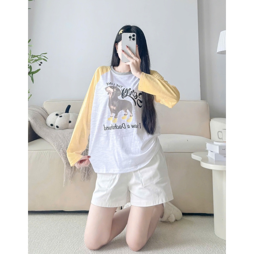 Sét bộ Thu Đông Áo dài tay và quần đùi trắng Linen in hình siêu xinh JULY FASHION, Sét bộ mặc đi chơi Chất thun xượt mềm