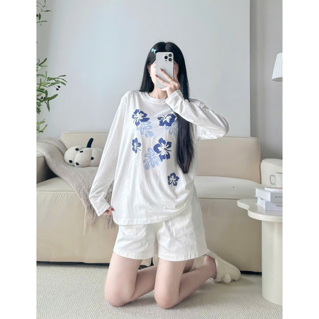 Sét bộ Thu Đông Áo dài tay và quần đùi trắng Linen in hình siêu xinh JULY FASHION, Sét bộ mặc đi chơi Chất thun xượt mềm