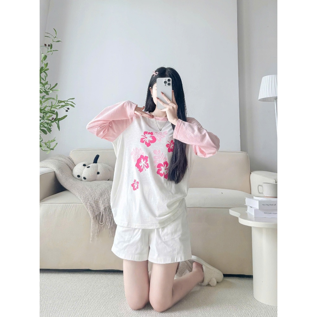 Sét bộ Thu Đông Áo dài tay và quần đùi trắng Linen in hình siêu xinh JULY FASHION, Sét bộ mặc đi chơi Chất thun xượt mềm