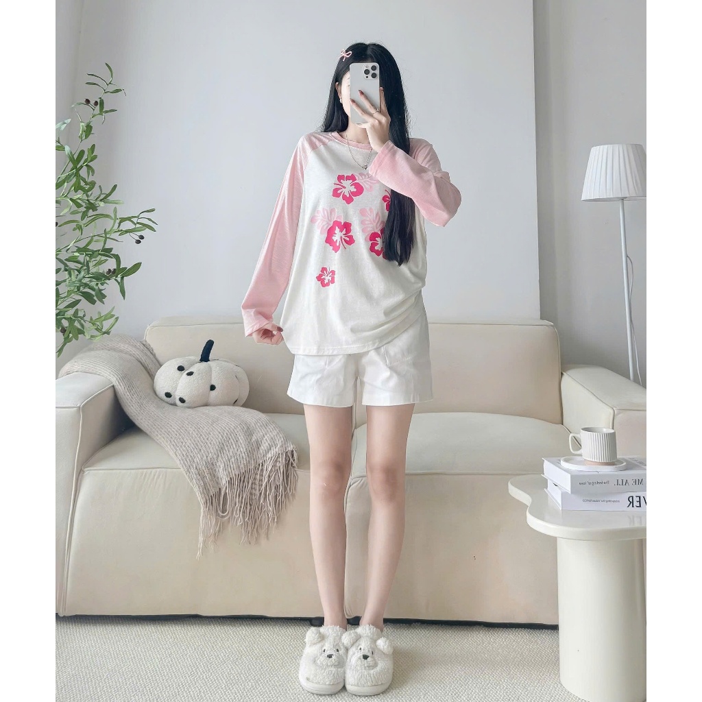 Sét bộ Thu Đông Áo dài tay và quần đùi trắng Linen in hình siêu xinh JULY FASHION, Sét bộ mặc đi chơi Chất thun xượt mềm