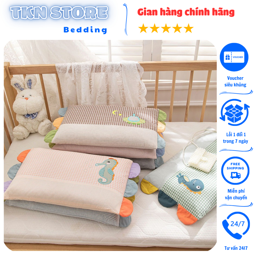 Gối Cho Bé Mang Đi Học Thiết Kế Rãnh Massager Thông Thoáng Không Bị Hầm Bí, Gối Ngủ Cotton Trẻ Em Kích Thước 30x50cm