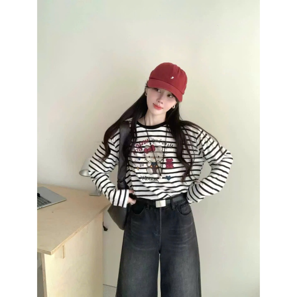 Áo thun nữ tay dài kẻ sọc đen trắng in hình JULY FASHION, Áo dài tay Thu Đông ấm áp, Chất thun xượt mềm mại, chất đẹp