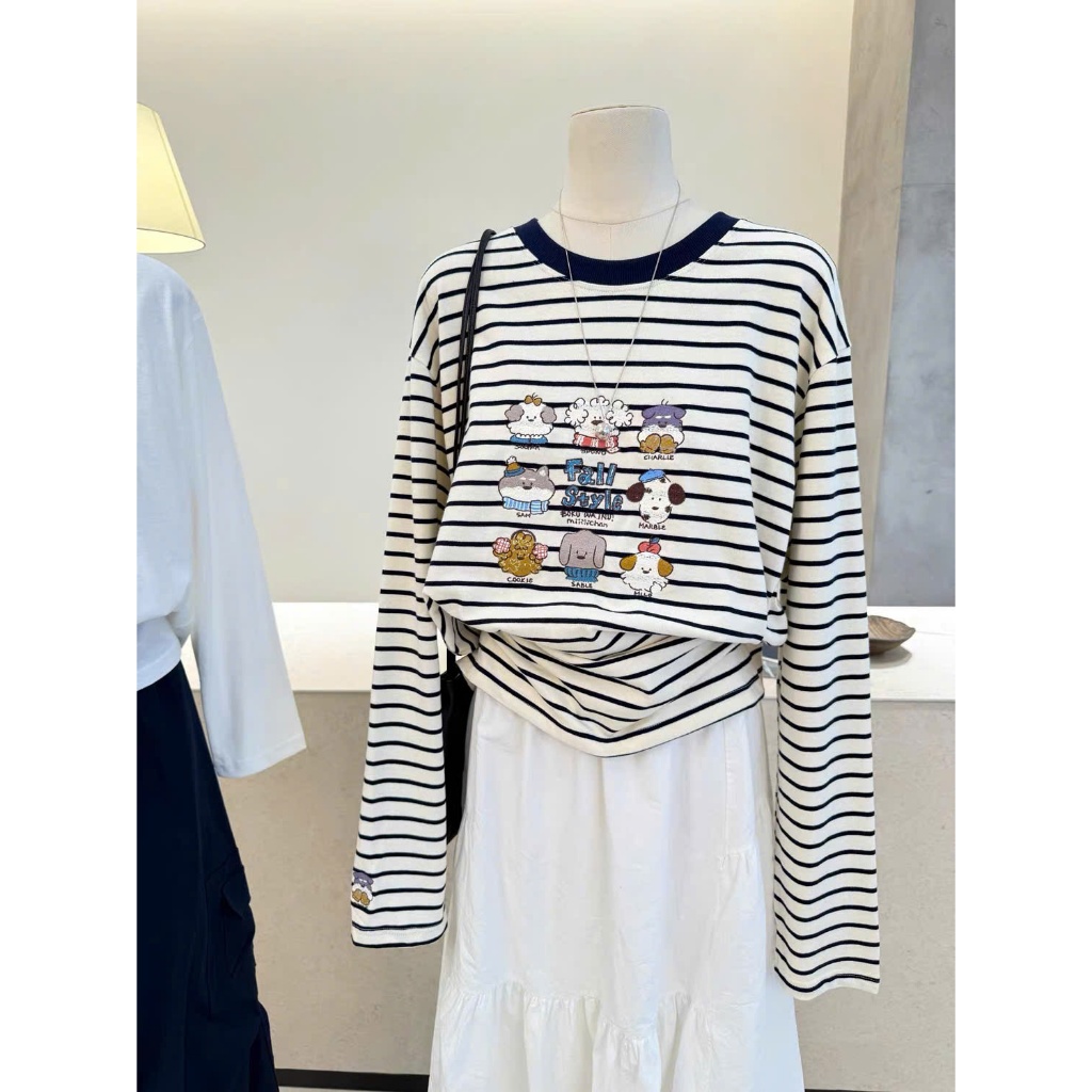 Áo thun nữ tay dài kẻ sọc đen trắng in hình JULY FASHION, Áo dài tay Thu Đông ấm áp, Chất thun xượt mềm mại, chất đẹp