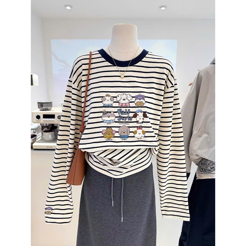 Áo thun nữ tay dài kẻ sọc đen trắng in hình JULY FASHION, Áo dài tay Thu Đông ấm áp, Chất thun xượt mềm mại, chất đẹp