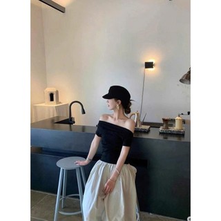 Váy Nữ Dáng Dài Áo Thun Zip Trễ Vai Mix Váy Bồng Kem Dài Mềm Mại Siêu Xinh