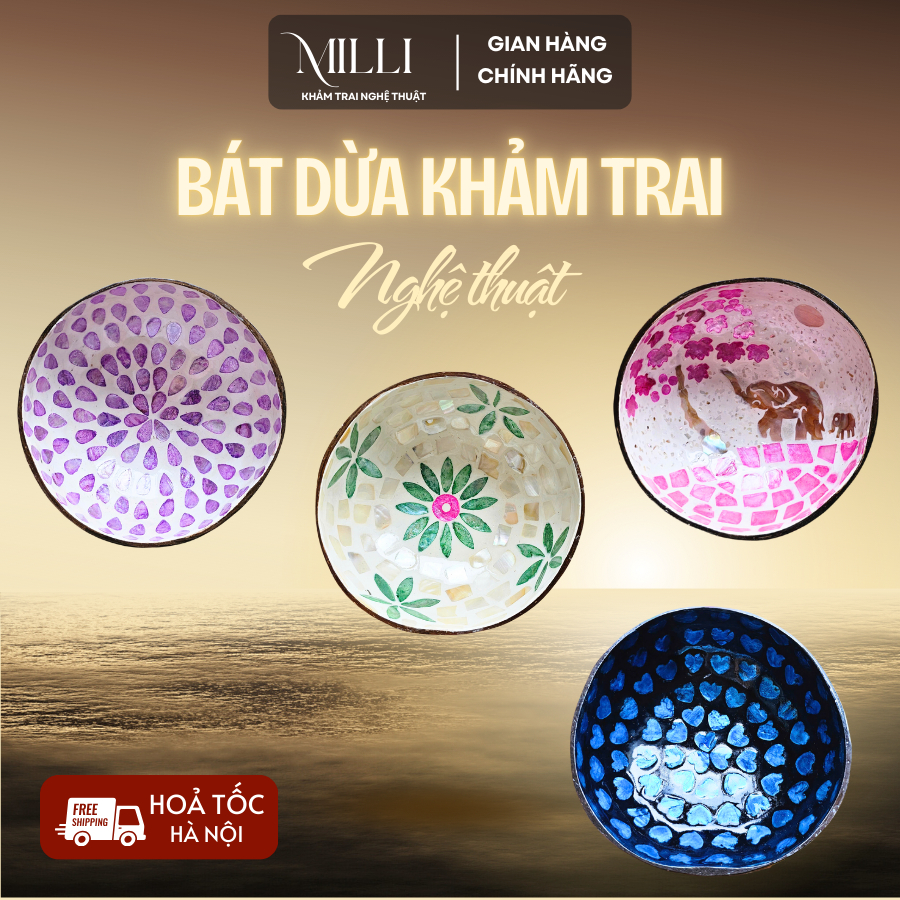 Bát gáo dừa khảm trai nghệ thuật MILLI, quà lưu niệm đậm chất Việt, decor nhà, đa dạng công dụng
