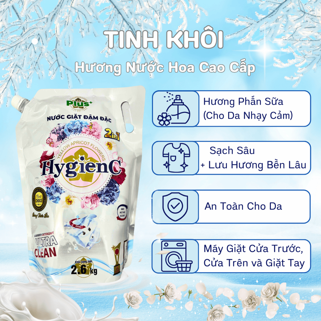 Combo 2 Túi Nước Giặt Đậm Đặc HygienC Plus 2.6Kg/Túi - Hương Nước Hoa, Làm Sạch Vết Bẩn, Dưỡng Vải
