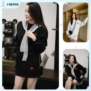 Set Bộ Nỉ Nữ Thu Đông CHEPOL Cổ Tròn, In Tim ( Áo Sweater Đen + Chân Váy Đen ) Chất Nỉ Chân Cua Cao Cấp, Dày Dặn- CPN220