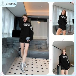 Set Bộ Nỉ Nữ Thu Đông CHEPOL Cổ Tròn, In Hoa Lá (Áo Sweater Đen + Quần Đùi Đen) Chất Nỉ Chân Cua Cao Cấp, Dày Dặn-CPN141