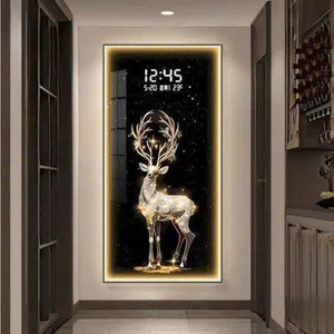 Tranh Đồng Hồ Điện Tử 3D LED OHA Decor Hươu Vàng Tài Lộc Vượng Khí Tráng Gương Cao Cấp Treo Phòng Khách