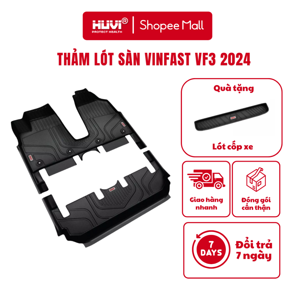 [TẶNG CỐP] Thảm lót sàn xe Vinfast VF3 (2024-2026) nhựa TPE đúc 3D tràn viền chính hãng HUVI Việt Nam