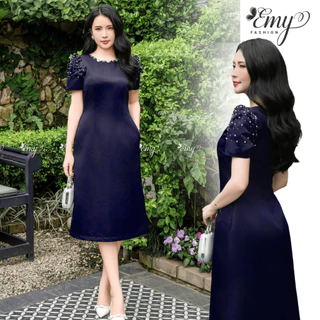 Đầm Dự Tiệc EMY EM9602 Vải Phi Cao Cấp Xanh Đen Cổ Tròn Tay Phồng Đính Hạt Thanh Lịch Sang Trọng