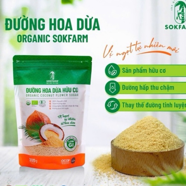 Đường hoa dừa hữu cơ Sokfarm organic coconut sugar, low GI ăn kiêng healthy Đặc sản Trà Vinh