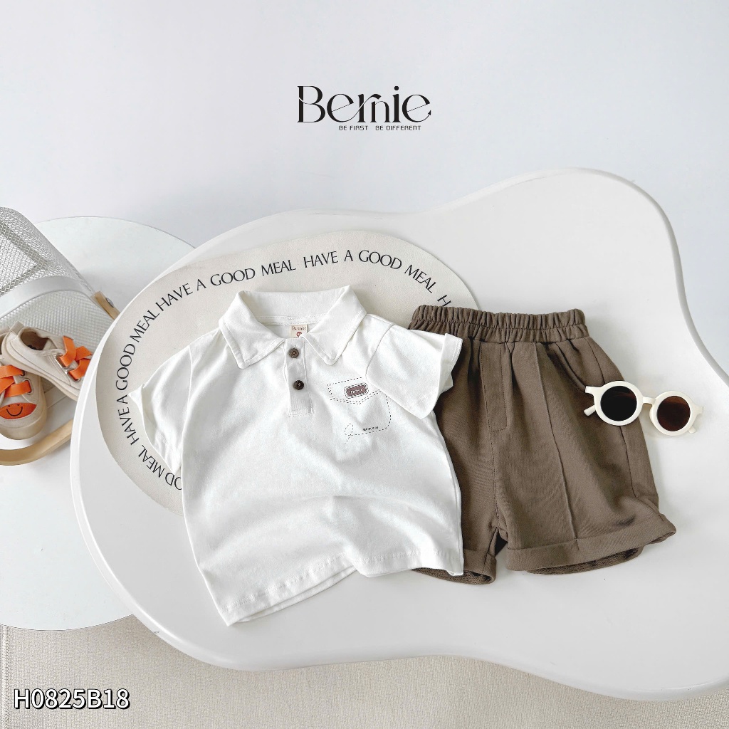 Bộ cotton bé trai áo polo trơn màu phối quần da cá, bộ thun polo cộc tay bé trai H0825B18