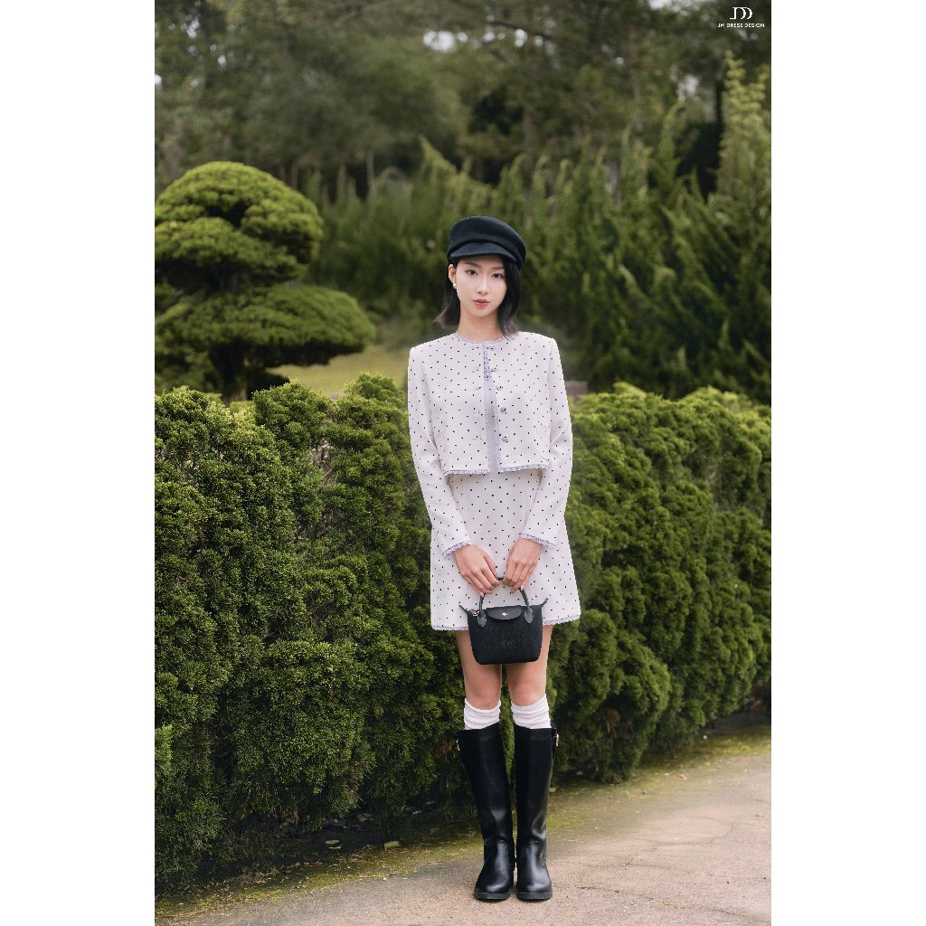 Set Áo Blazer Cổ Tròn Dáng Suông Kẹp Ren 5B07.2508K + Đầm 2 Dây 1 Hàng Cúc Phối Ren 1F04.2508K | Outfit Chic Retro JM