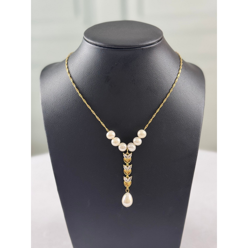 DC137 - Dây chuyền ngọc Trai 7-8 li, mặt bông lúa viền vàng, ngọc trắng dáng thả, chiều dài 42-46cm, bạc mạ vàng 18K.