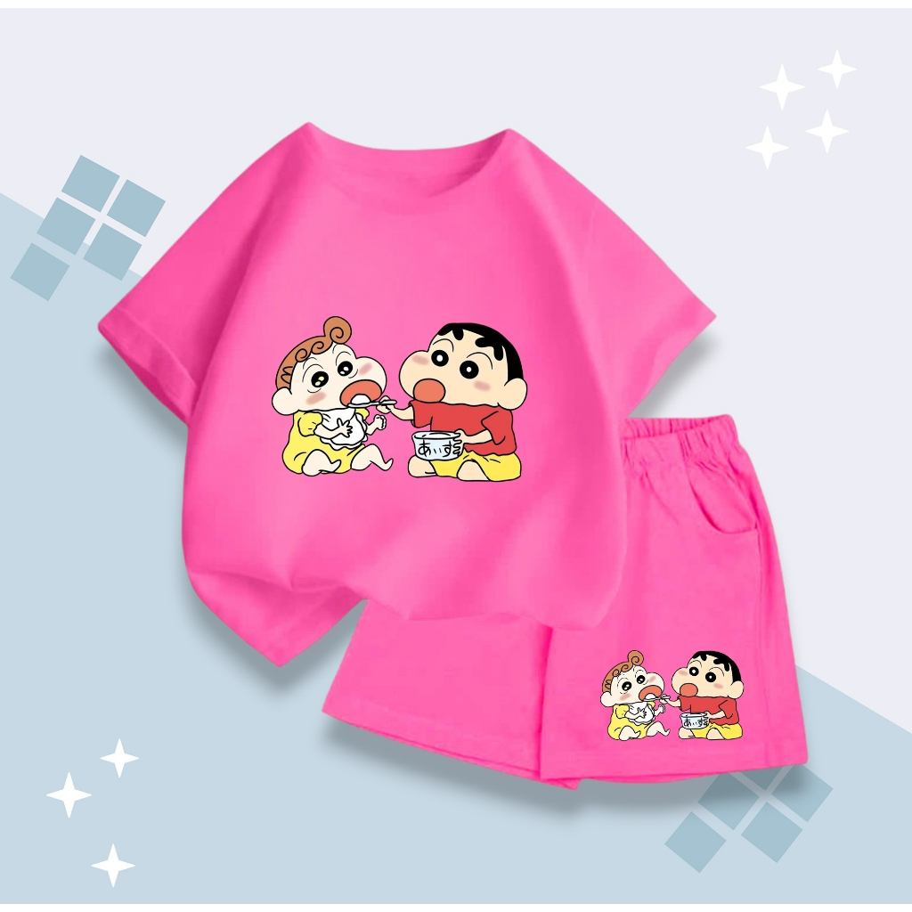 Bộ Đồ Hè Cho Bé – Hình Shin Và Em Gái Ăn Cơm Dễ Thương, Chất Cotton Mềm Mịn, Thấm Hút Mồ Hôi (M273)