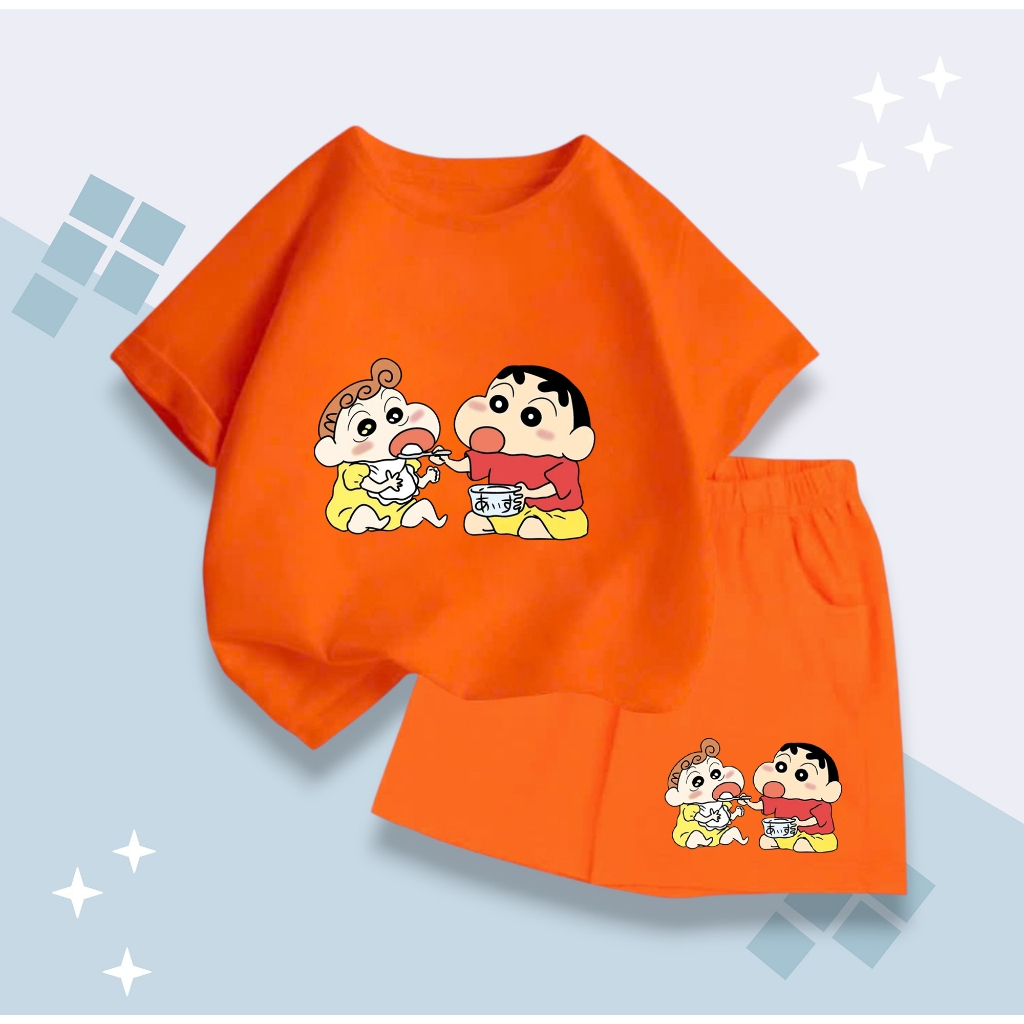 Bộ Đồ Hè Cho Bé – Hình Shin Và Em Gái Ăn Cơm Dễ Thương, Chất Cotton Mềm Mịn, Thấm Hút Mồ Hôi (M273)