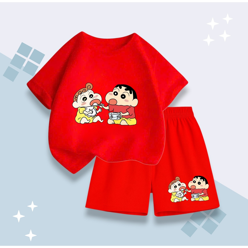 Bộ Đồ Hè Cho Bé – Hình Shin Và Em Gái Ăn Cơm Dễ Thương, Chất Cotton Mềm Mịn, Thấm Hút Mồ Hôi (M273)