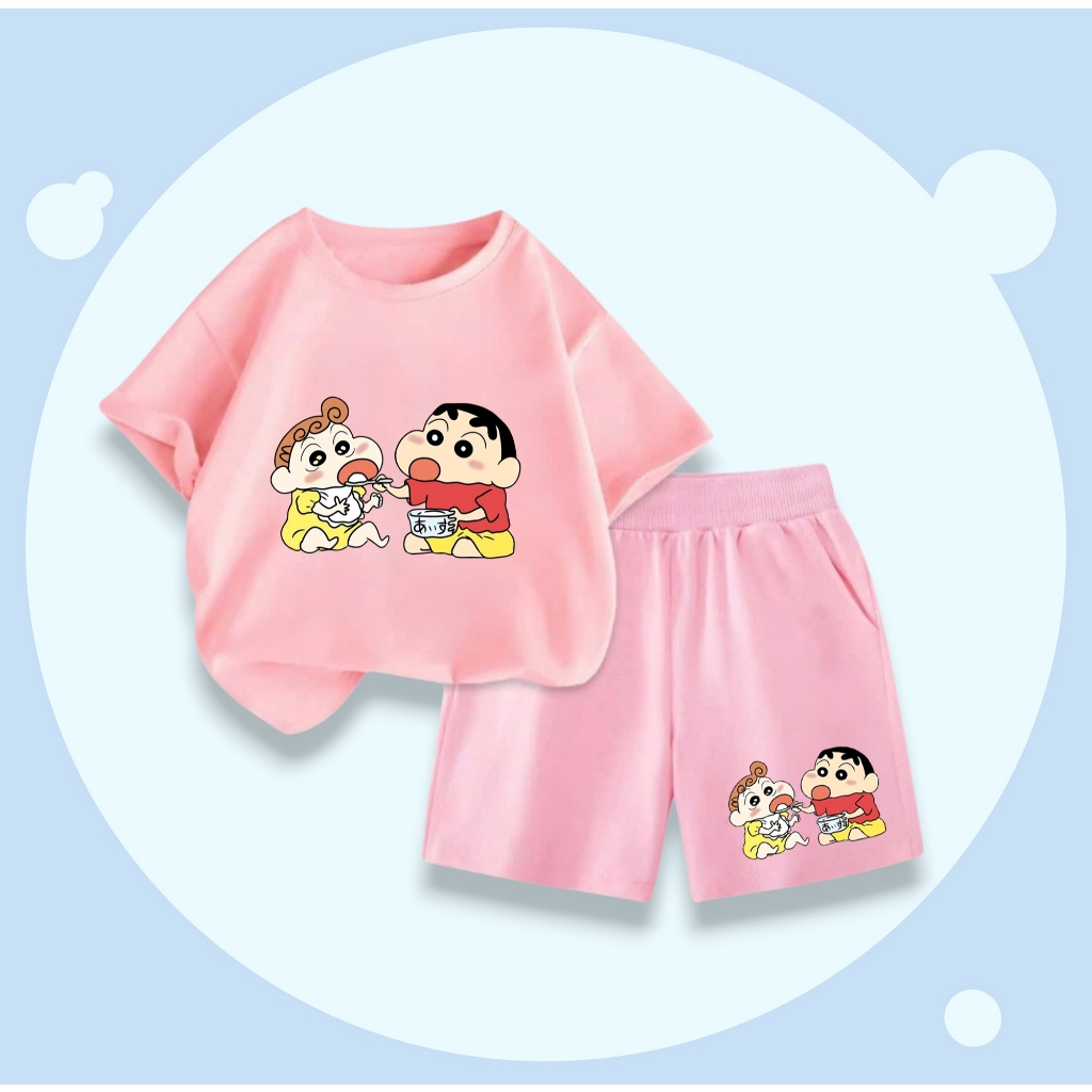 Set Quần Áo Cotton Cho Bé – Hình Shin Và Em Gái Ăn Cơm Cute, Mềm Mại, Mát Mẻ Cả Ngày (M273)