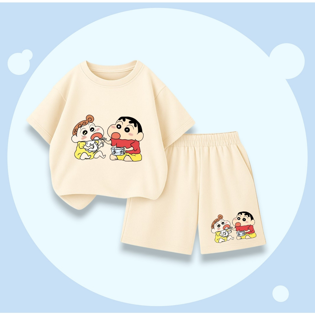 Set Quần Áo Cotton Cho Bé – Hình Shin Và Em Gái Ăn Cơm Cute, Mềm Mại, Mát Mẻ Cả Ngày (M273)
