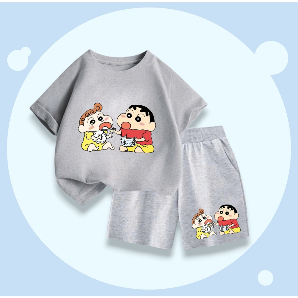 Set Quần Áo Cotton Cho Bé – Hình Shin Và Em Gái Ăn Cơm Cute, Mềm Mại, Mát Mẻ Cả Ngày (M273)