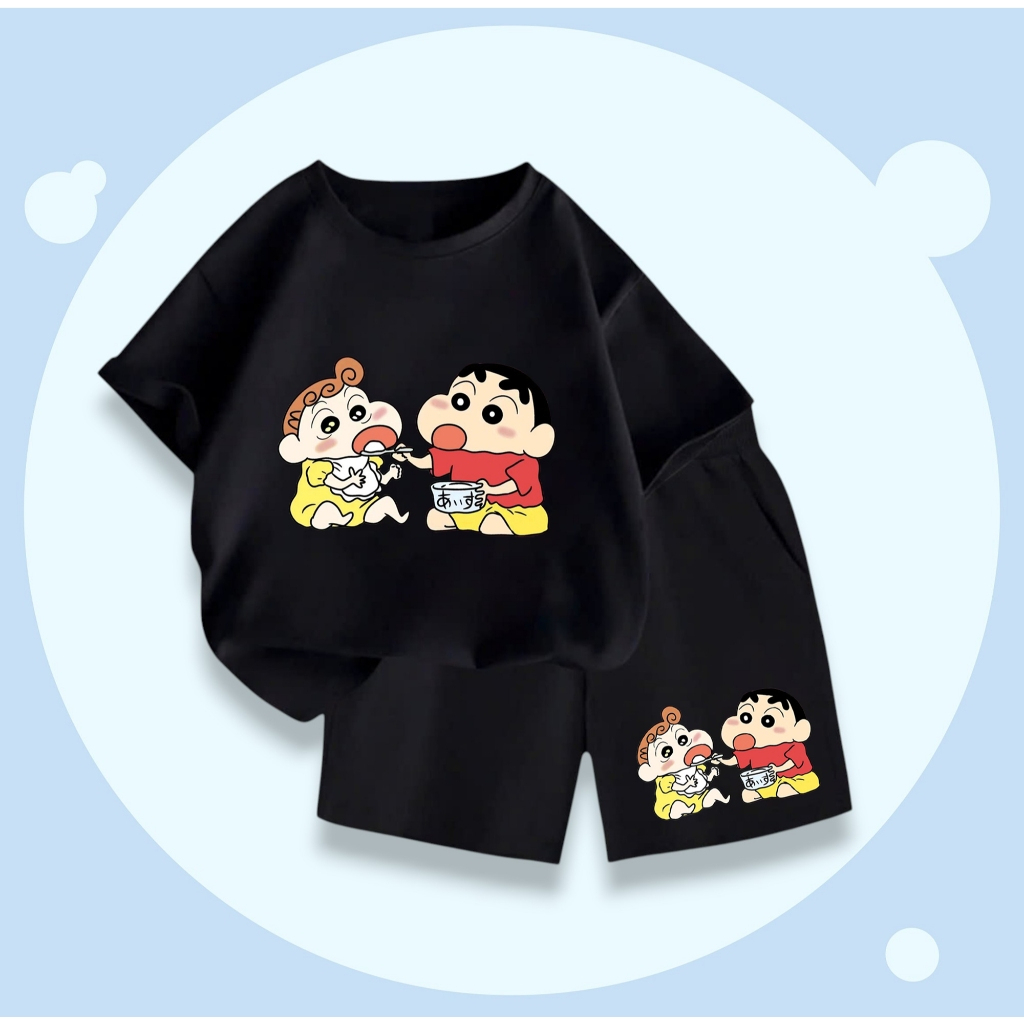 Set Quần Áo Cotton Cho Bé – Hình Shin Và Em Gái Ăn Cơm Cute, Mềm Mại, Mát Mẻ Cả Ngày (M273)