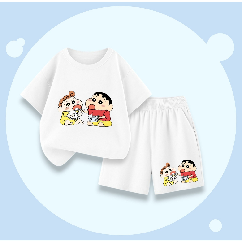 Set Quần Áo Cotton Cho Bé – Hình Shin Và Em Gái Ăn Cơm Cute, Mềm Mại, Mát Mẻ Cả Ngày (M273)
