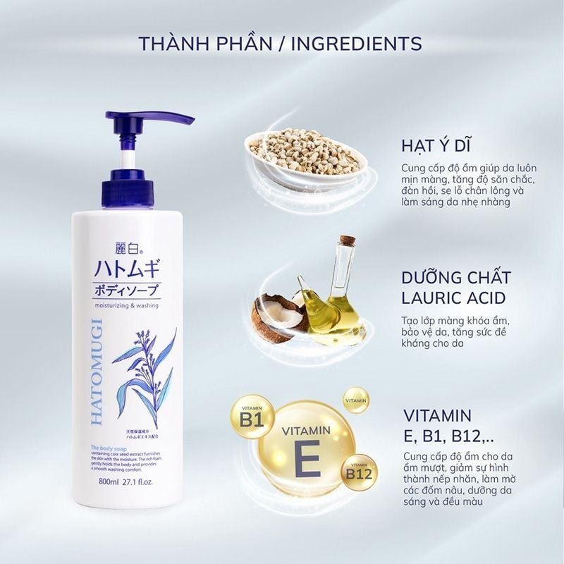 Sữa Tắm Trắng Da, Dưỡng ẩm HATOMUGI Hạt Ý Dĩ Nhật Bản - 600/800ml; Sữa tắm Ý Dĩ