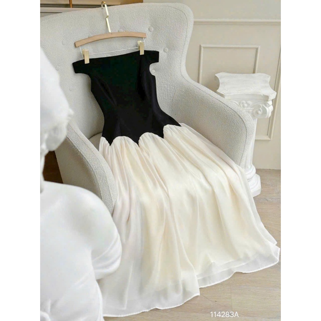 Đầm công chúa bé gái cao cấp phối màu đen kem, Thiết kế trễ vai, dáng dài xoè sang trọng đi tiệc, chụp ảnh