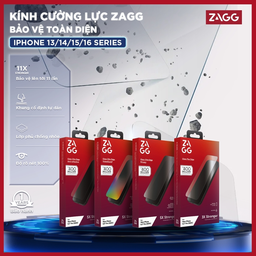 [iPhone 17/16/15/14/13] Kính cường lực ZAGG các loại: trong suốt, nhám, chống nhìn trộm, bảo vệ mắt, XTR