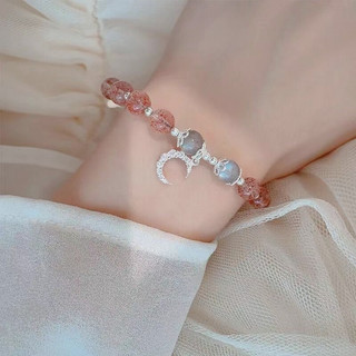 Vòng Tay Nữ Bạc Charm Mặt Trăng Mix Thạch Anh Hồng Dâu Tây Thu Hút Tình Duyên Và May Mắn Bình An