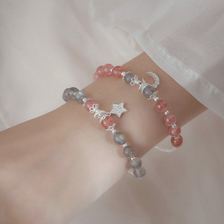 Vòng Tay Nữ Bạc Charm Mặt Trăng Mix Thạch Anh Hồng Dâu Tây Thu Hút Tình Duyên Và May Mắn Bình An