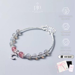 Vòng Tay Nữ Bạc Charm Mặt Trăng Mix Thạch Anh Hồng Dâu Tây Thu Hút Tình Duyên Và May Mắn Bình An