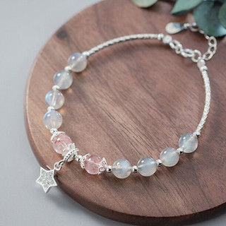 Vòng Tay Nữ Bạc Charm Mặt Trăng Mix Thạch Anh Hồng Dâu Tây Thu Hút Tình Duyên Và May Mắn Bình An