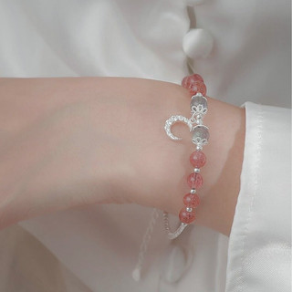 Vòng Tay Nữ Bạc Charm Mặt Trăng Mix Thạch Anh Hồng Dâu Tây Thu Hút Tình Duyên Và May Mắn Bình An