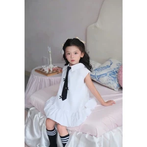 Đầm sơ mi bé gái cổ vest phối cà vạt dễ thương phong cách học đường, Váy bé gái đi chơi, đi học, chụp ảnh