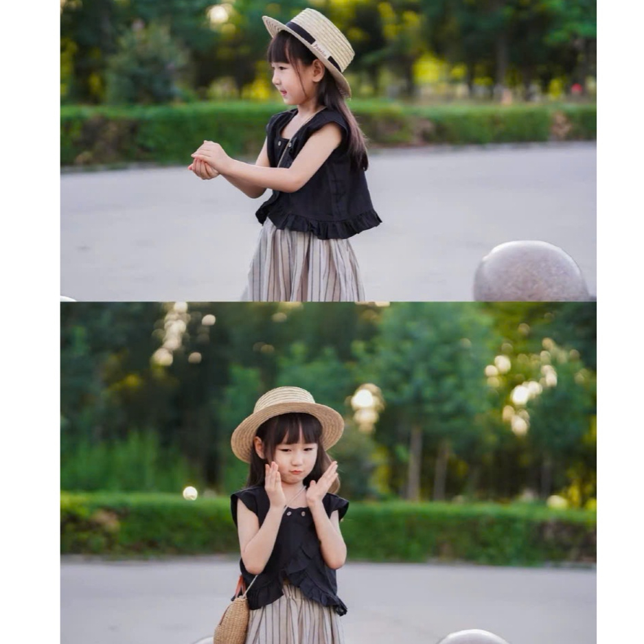 Đồ Bộ Bé Gái Tiểu Thư Thiết Kế Họa Tiết Tinh Tế Phối Quần Suông Kẻ Sọc Chất Liệu Cotton Mềm Mại