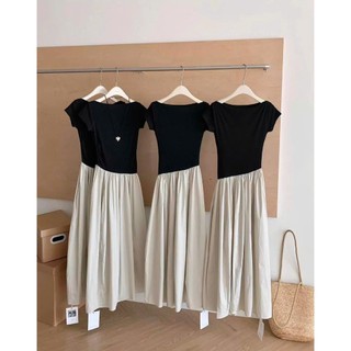 Váy Nữ Dáng Dài Áo Thun Zip Trễ Vai Mix Váy Bồng Kem Dài Mềm Mại Siêu Xinh