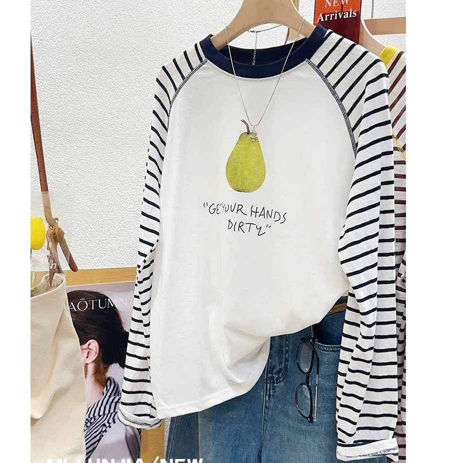 Áo thun nữ dài tay phối màu kẻ sọc in hình JULY FASHION, Áo thun nữ mùa Đông chất thun xượt mềm mại, ấm áp