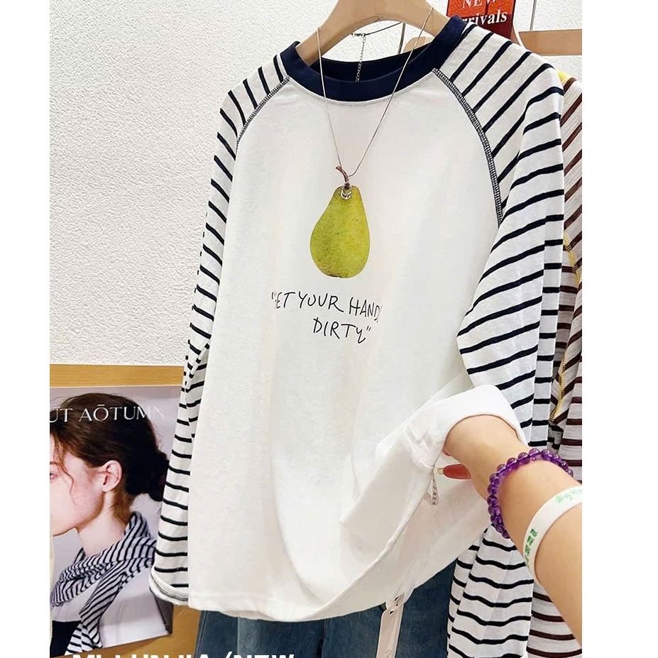 Áo thun nữ dài tay phối màu kẻ sọc in hình JULY FASHION, Áo thun nữ mùa Đông chất thun xượt mềm mại, ấm áp