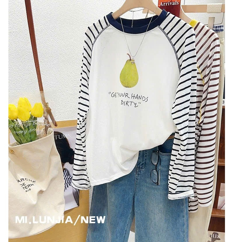 Áo thun nữ dài tay phối màu kẻ sọc in hình JULY FASHION, Áo thun nữ mùa Đông chất thun xượt mềm mại, ấm áp