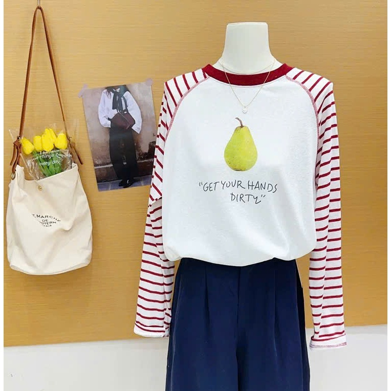 Áo thun nữ dài tay phối màu kẻ sọc in hình JULY FASHION, Áo thun nữ mùa Đông chất thun xượt mềm mại, ấm áp