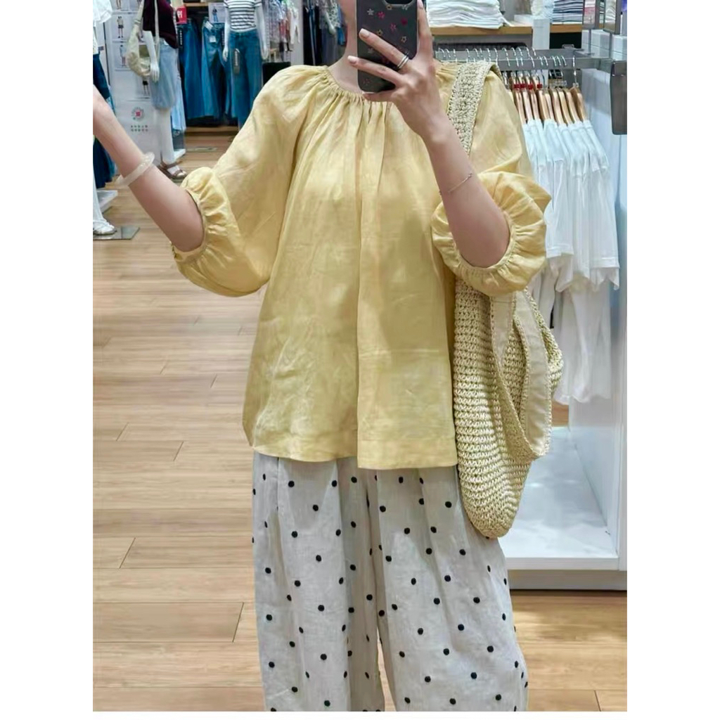 𝗥𝗶𝗰𝗵𝗶-  Áo Linen tay phồng cổ chun BEELY