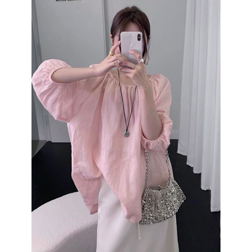 𝗥𝗶𝗰𝗵𝗶-  Áo Linen tay phồng cổ chun BEELY